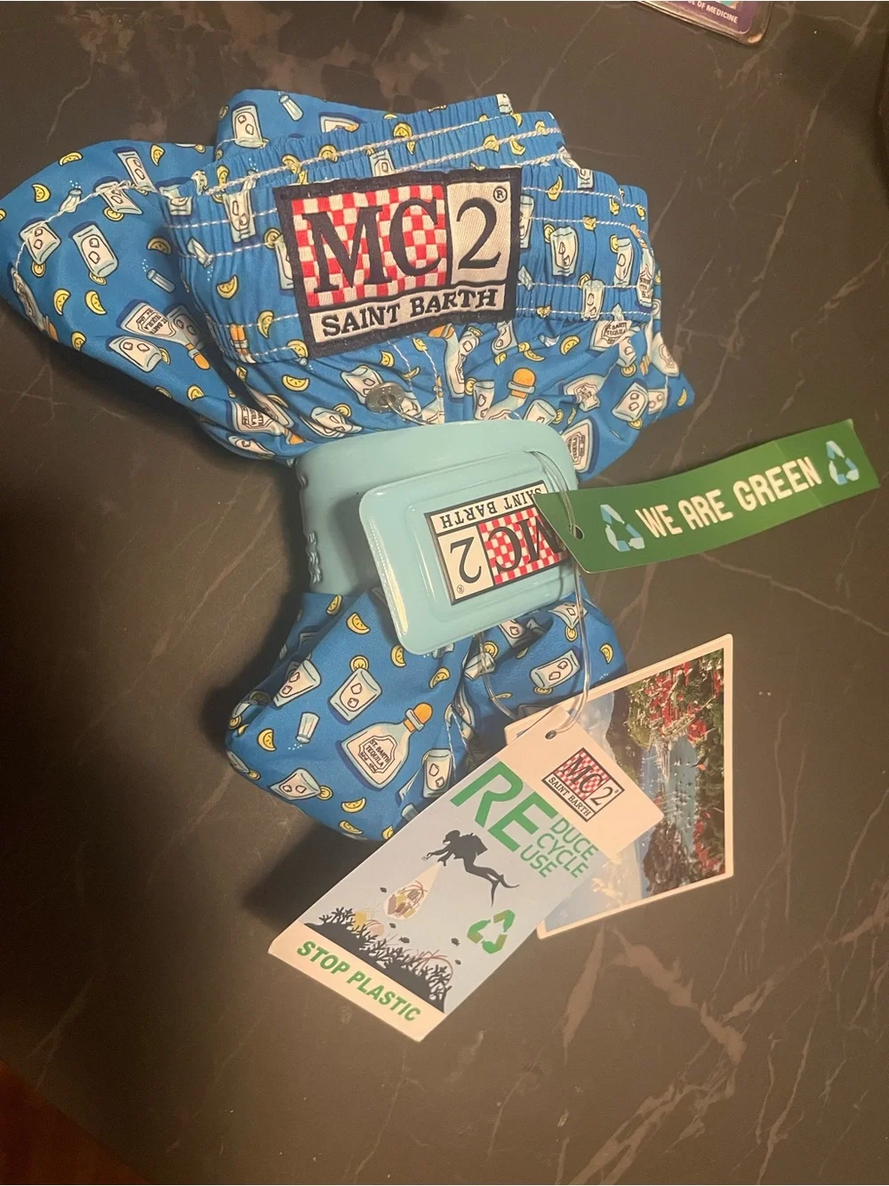 MC2 Saint Barth Blue Printed Swim Trunks with Tequila Bottle & Lemon Motif NWT